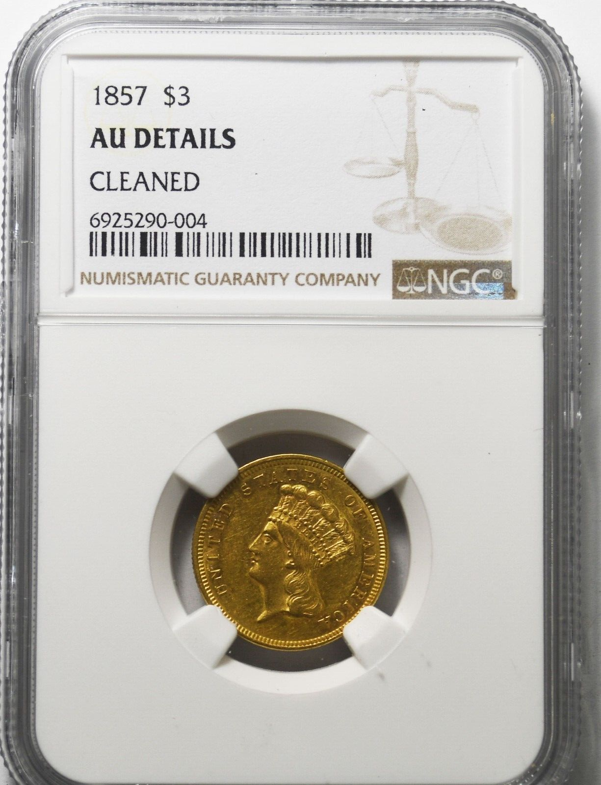 1857 $3 Three Dollars Indian Head Gold NGC AU Details Cleaned