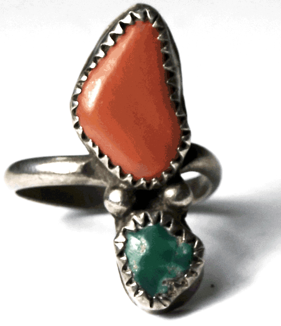 Sterling Signed B Coral Green Turquoise 26mm Ring Size 6