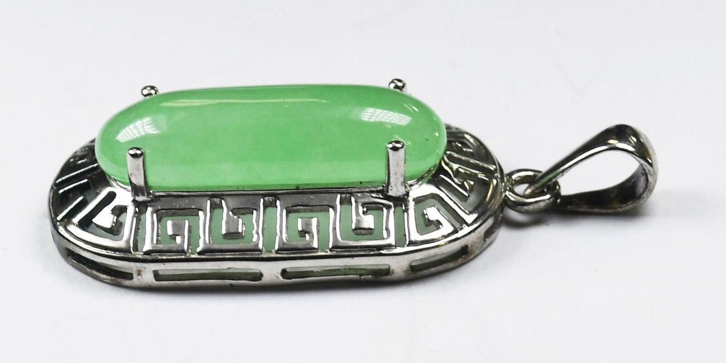 Sterling Green Jade Filigree Square Spiral Halo Pendant 35mm x 15mm