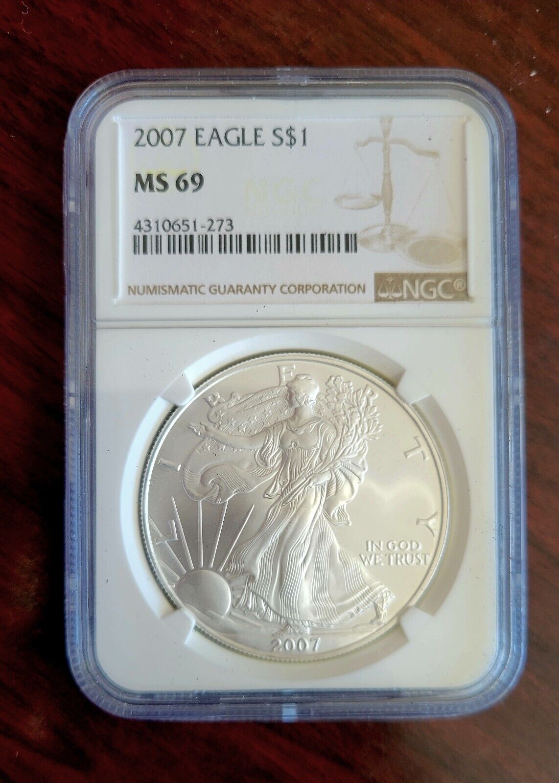 2007 $1 Silver Eagle NGC MS69 Dollar Brown Label Holder .999 Fine Silver 1oz.