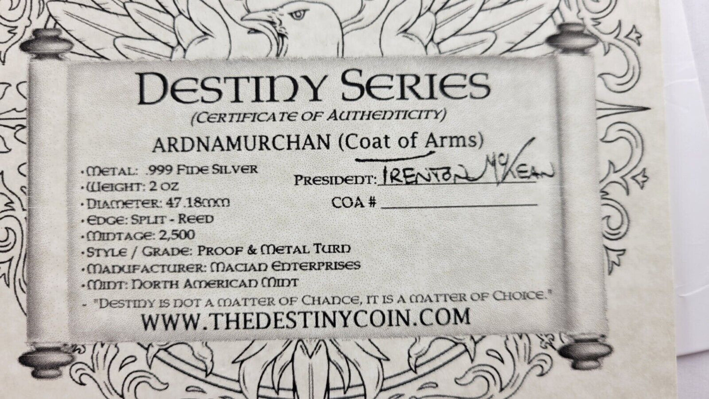 The Ardnamurchan 2oz. Destiny Coat Series Proof Round w/COA .999 Fine Silver