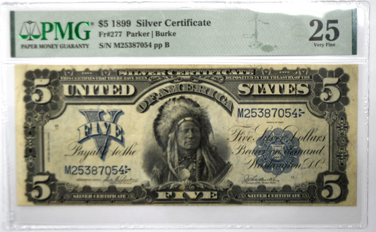 1899 $5 Indian Chief Silver Certificate Large Note PMG VF 25 FR#277 M25387054