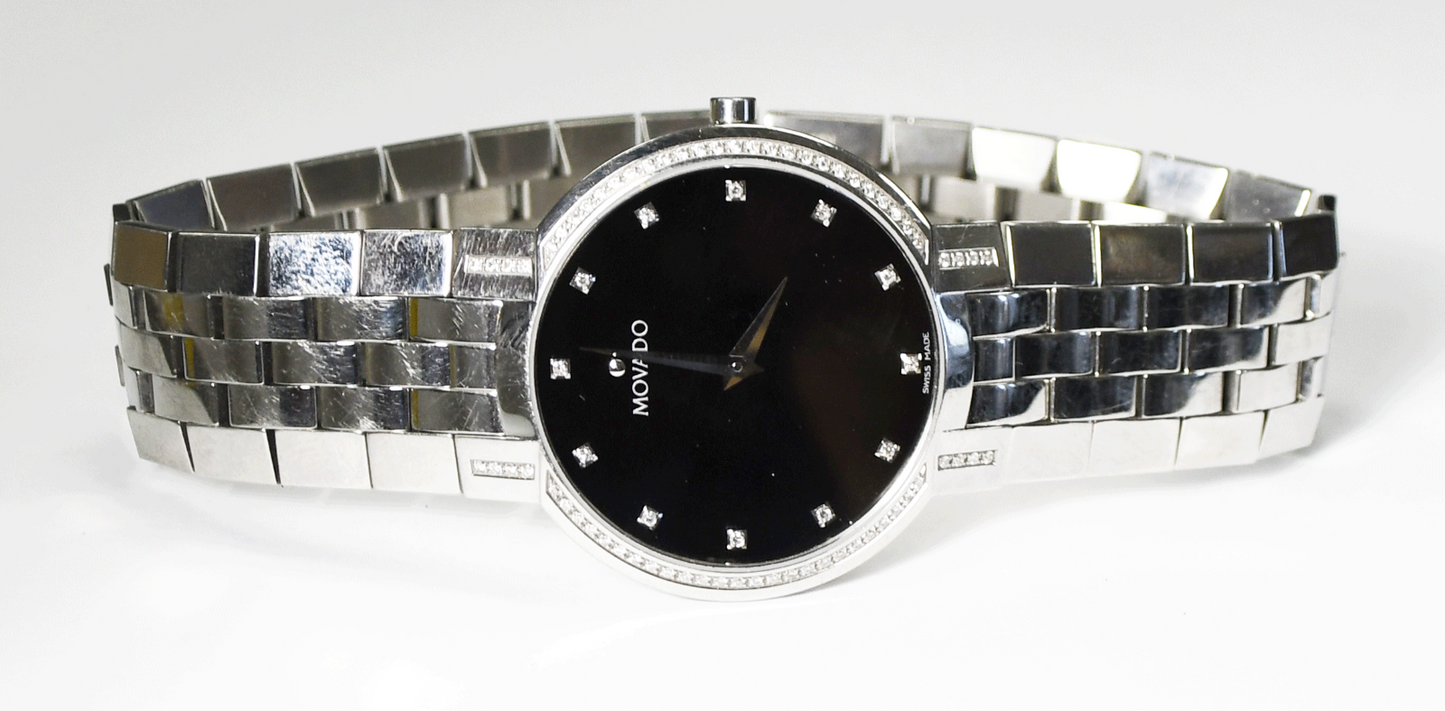 Men's Movado 84 45 1891 S Black Diamond Dial 35mm Stainless Steel Wristwatch