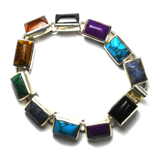 Sterling Rectangle Multi Stone Bracelet 11mm 7"  Malachite Turquoise Amber Onyx