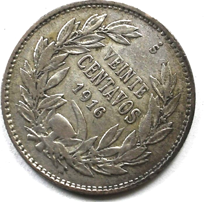 1916 Chile 20 Centavos Silver Coin  KM# 151.4