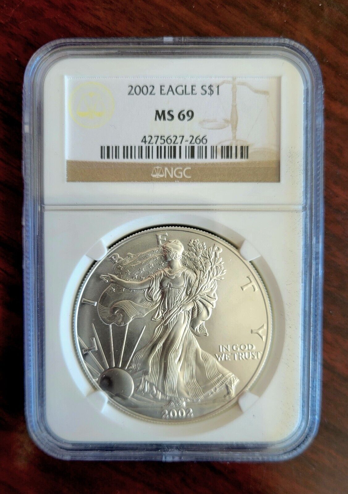 2002 $1 Silver Eagle NGC MS69 Dollar Brown Label Holder .999 Fine Silver 1oz.