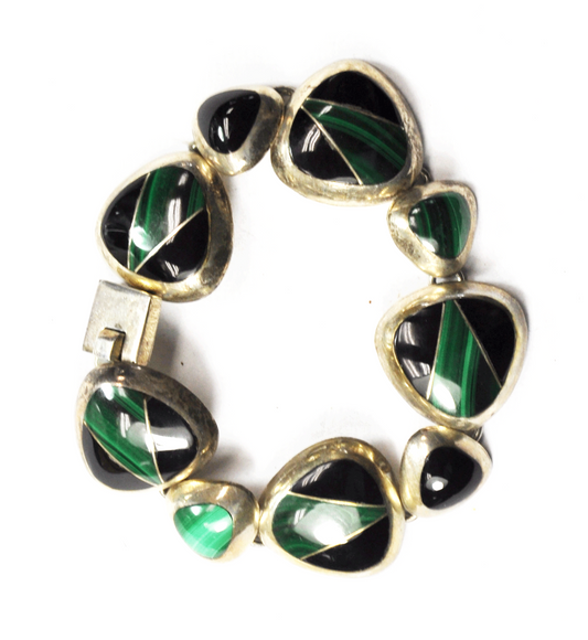 Sterling Mexico CII Malachite Onyx Inlay Link Bracelet 24mm 7-1/2"