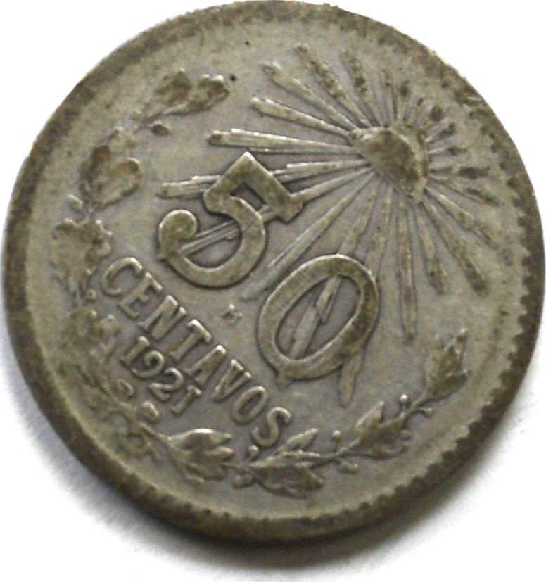 1921 Mexico Estados Unidos Mexicanos Fifty 50 Centavos Silver Coin KM# 447