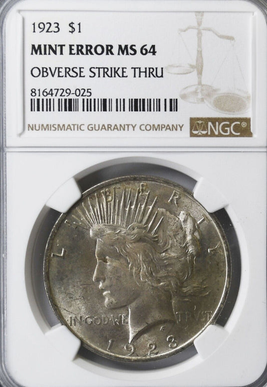 1923 $1 Peace Silver One Dollar US NGC MS64 Mint Error Strike Thru Blindfold