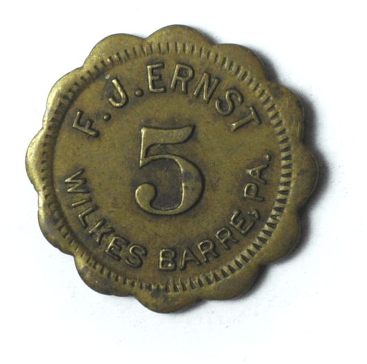 FJ Ernst Wilkes Barre PA Pennsylvania 5 Token #208  19mm