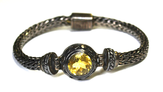 Sterling Rustic Cuff 5mm Wheat Chain 14mm Round Citrine Bracelet 7.25" Wrist