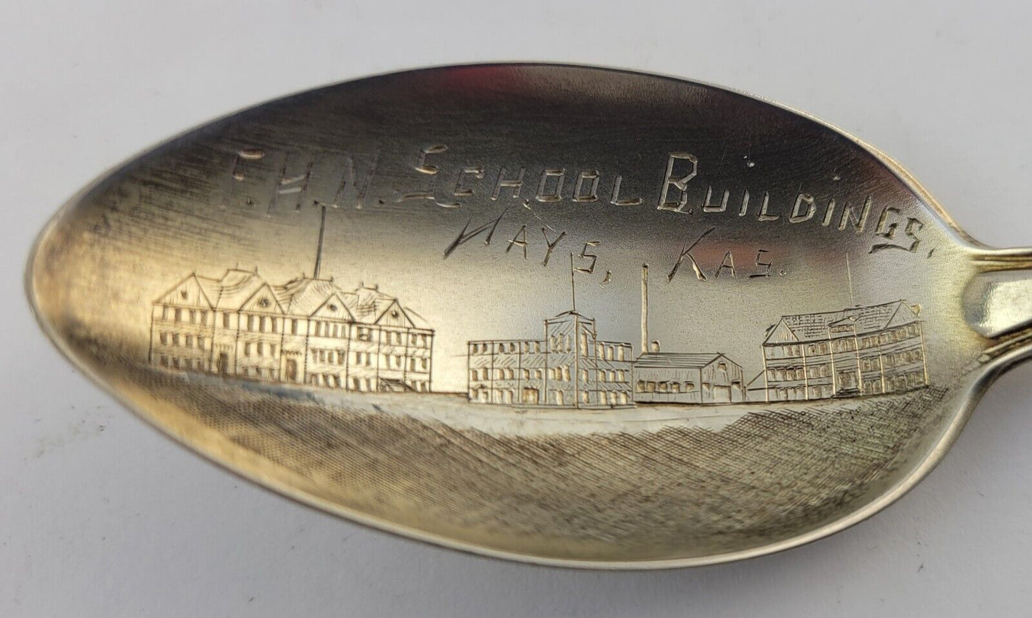 F.H.N. School Building Hays Ks. Sterling Silver 5 5/8" Souvenir Spoon .57oz.