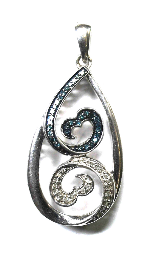 Sterling Silver JWBR Open Heart Blue Diamond Pendant 34mm x 15mm