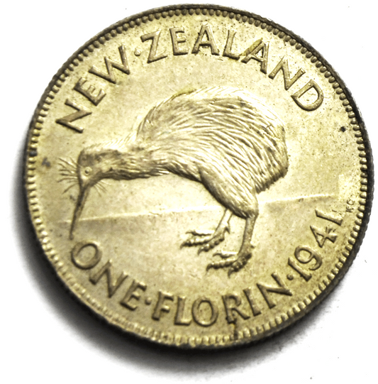 1941 New Zealand One Florin KM# 10.1 Silver Coin