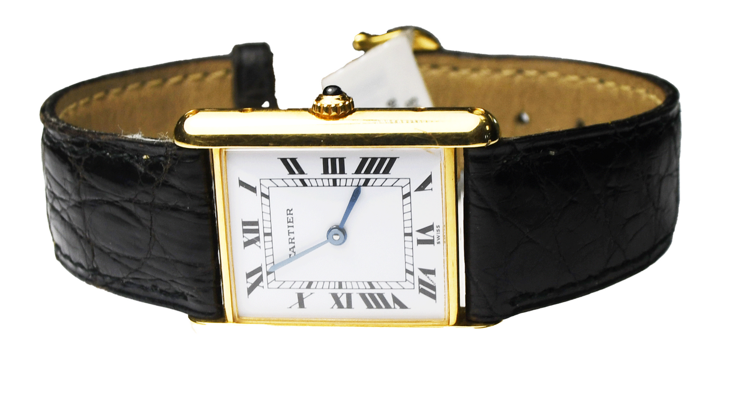 Women's Cartier 18k Gold Tank Quartz 24mm White Roman Rectangle Wristwatch