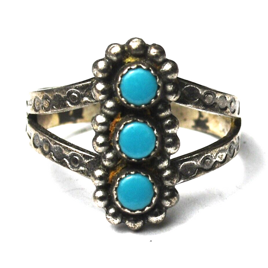 Sterling Silver Antique 3 Turquoise Dot Ring 15mm Size 4.5