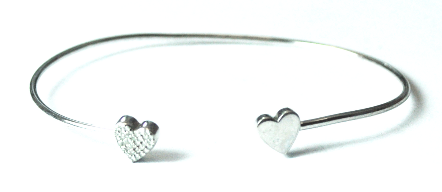 Sterling EMA Dainty Wire Cuff Double Heart Diamond Pave Bracelet 8mm 7" Wrist