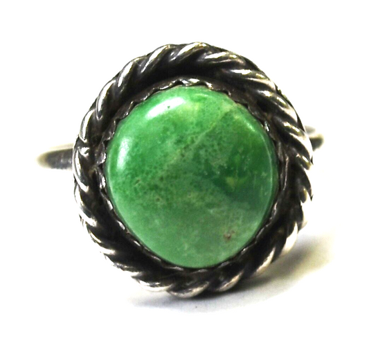 Sterling Silver Antique Round Green Turquoise Solitaire Ring 15mm Size 6.5