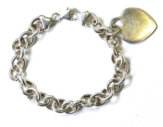 Sterling Silver 8mm Oval Chain Link Heart 26mm Charm Bracelet 7-1/4"