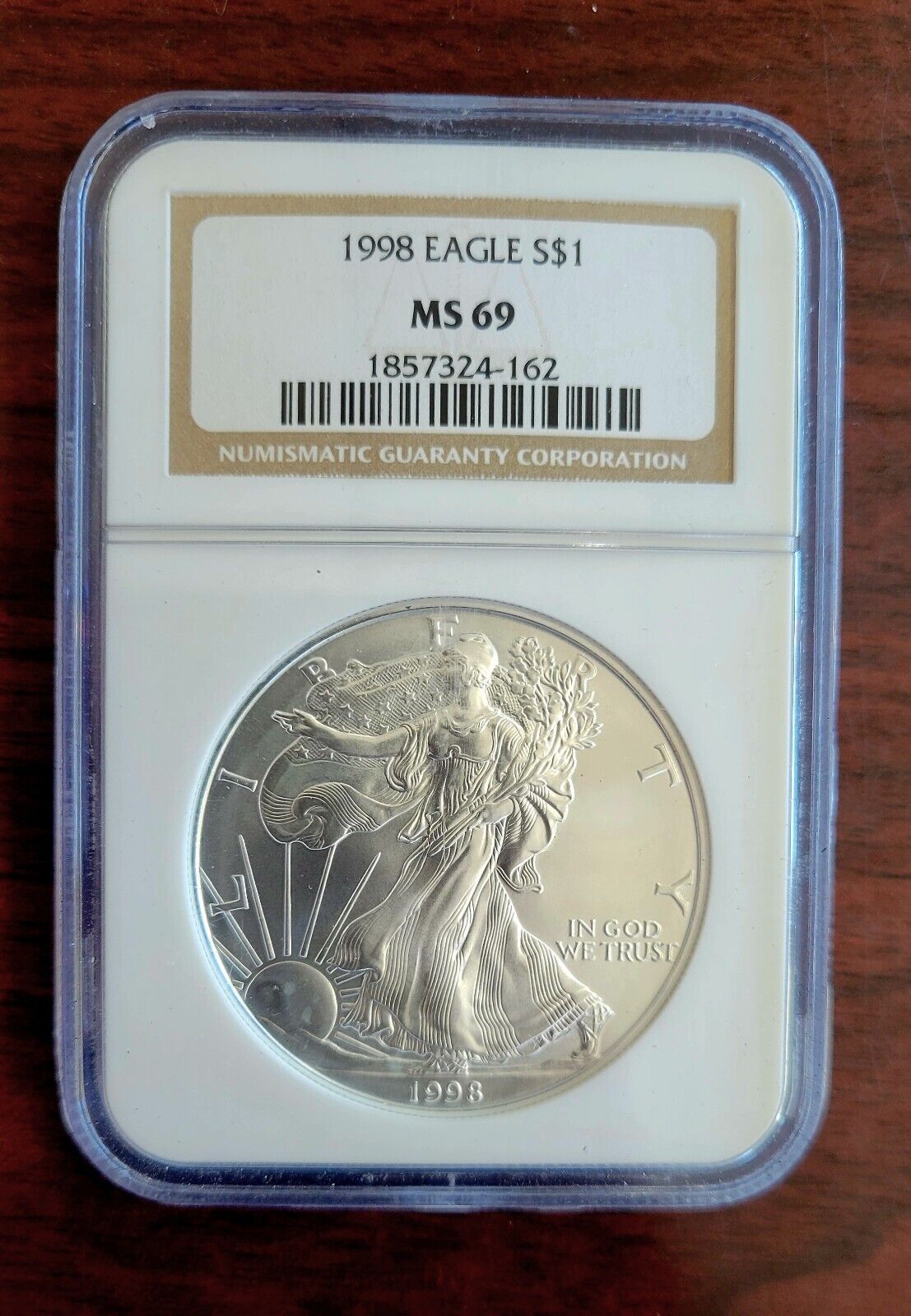 1998 $1 Silver Eagle NGC MS69 Dollar Brown Label Holder .999 Fine Silver 1oz.