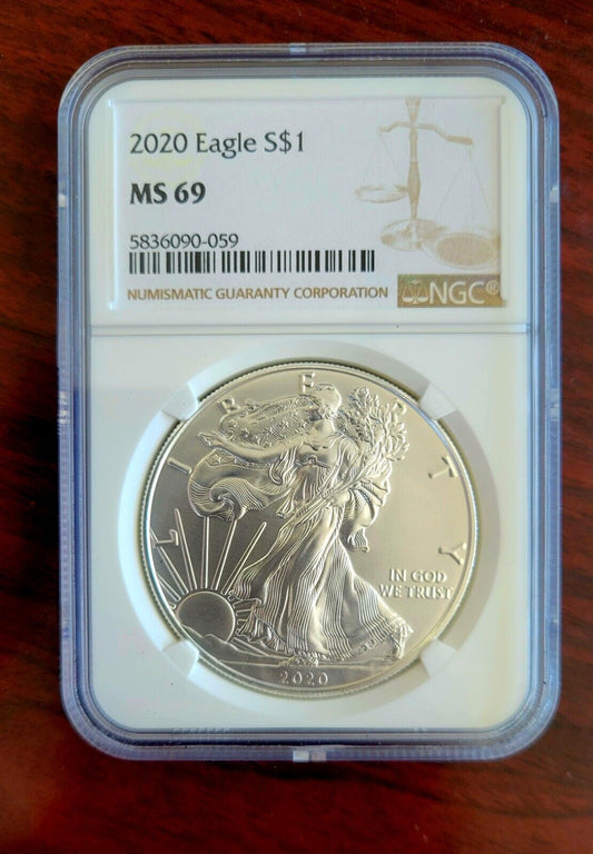 2020 $1 Silver Eagle MS69 Dollar .999 Fine Silver 1oz. Brown Label