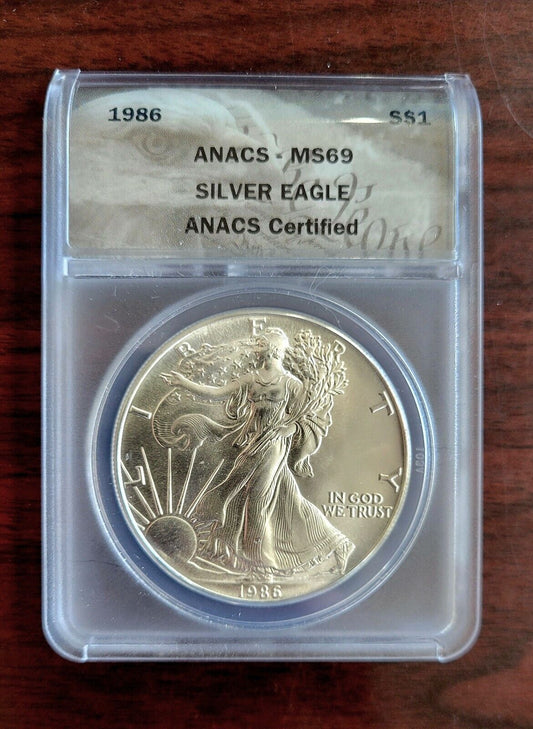 1986 $1 American Silver Eagle ANACS MS69 Silver Dollar .999 Fine Silver 1oz.