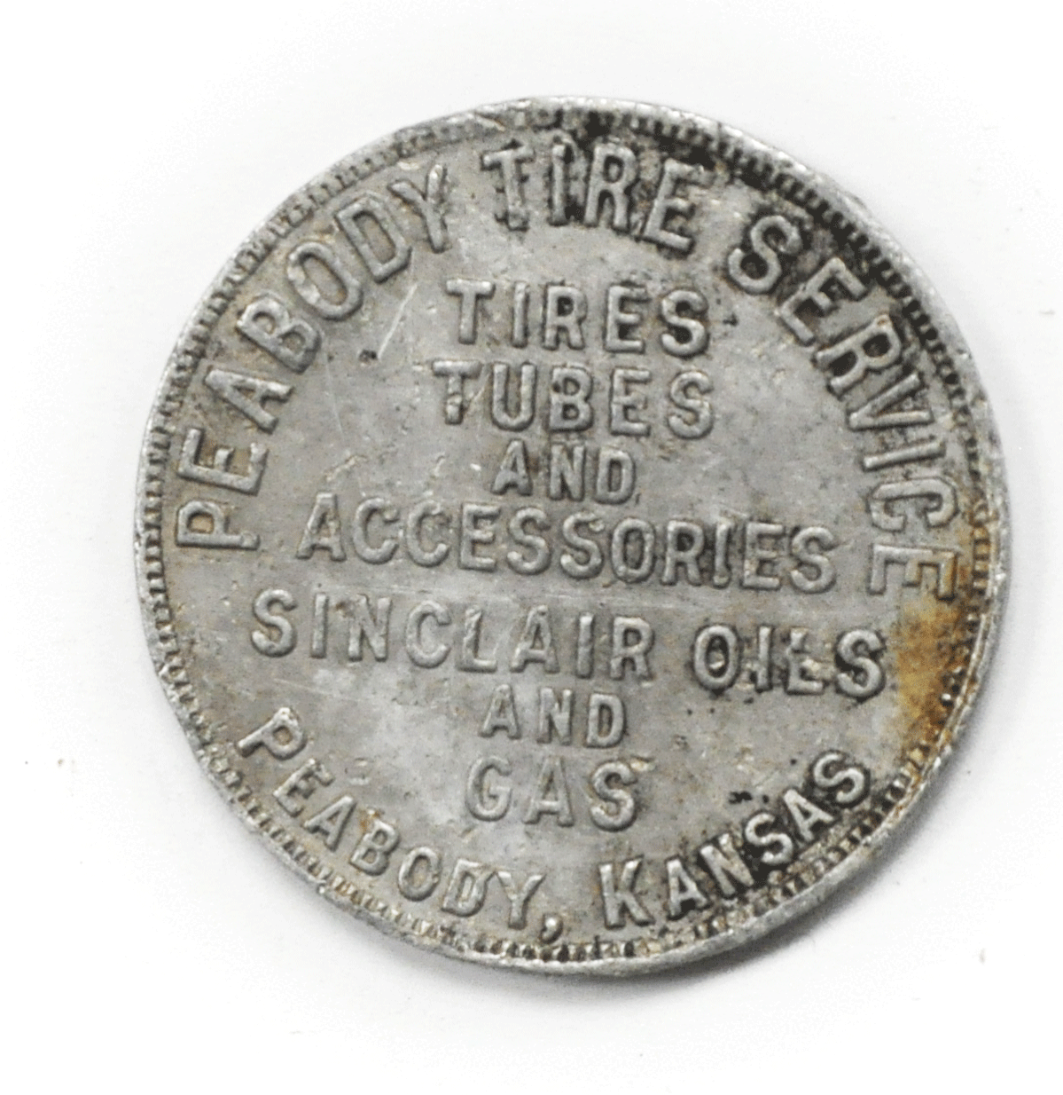 Peabody Kansas Tire Service $1 One Dollar Trade Token 38mm Aluminum