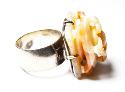 Sterling Flower 18mm Tall Apricot Agate Carved Tiered Petals 21mm Sz 6 Ring