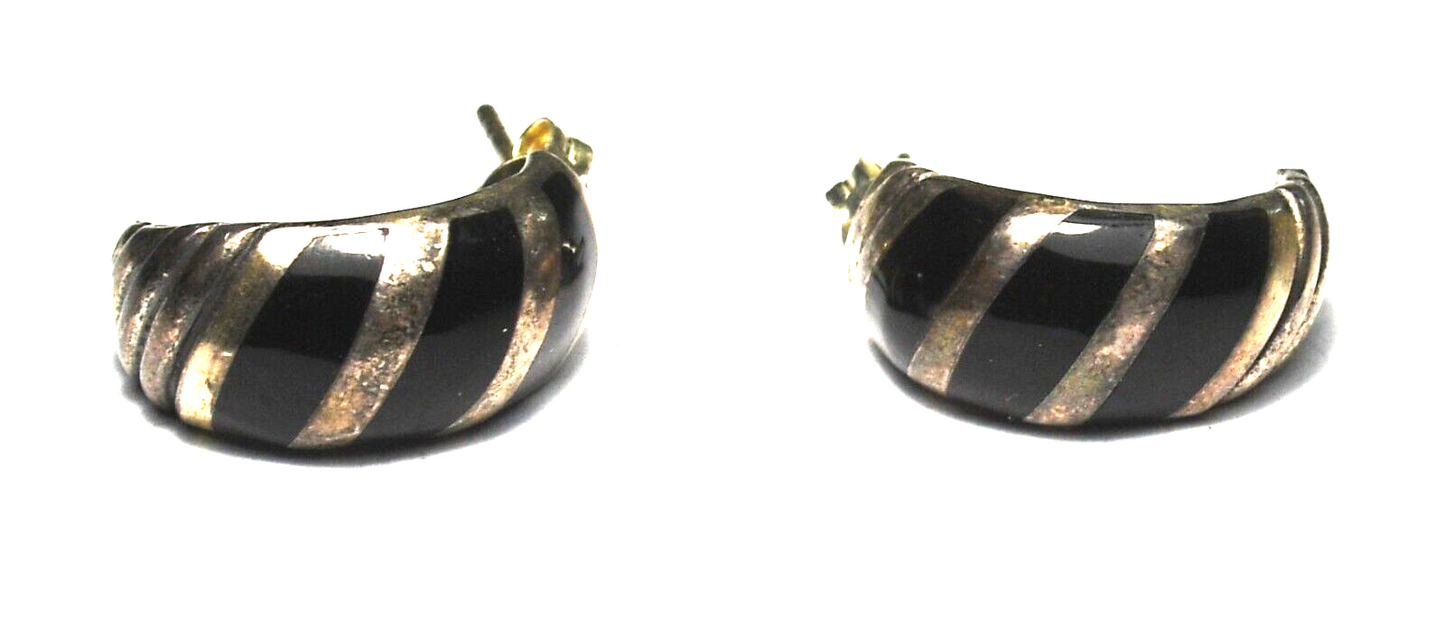 Sterling Silver Black Enamel Stripe Hoop Earrings 18mm x 9mm