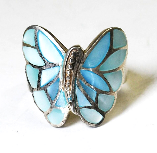 Sterling Silver Blue MOP Butterfly Ring 20mm Size 7