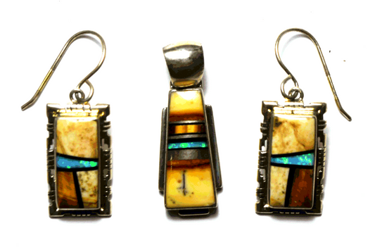 Sterling Nataanii P Skeets Inlay 1.5" Dangle Earrings & 35mm Pendant