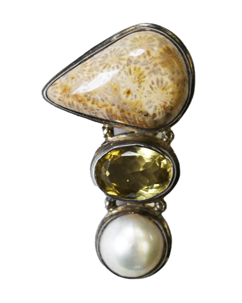 Sterling Agatized Coral Teardrop Citrine Pearl Clip 54mm x 32mm