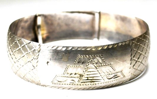 Sterling Mexico Aztec Pyramid Temple Etched Adjustable Bangle Bracelet 18mm