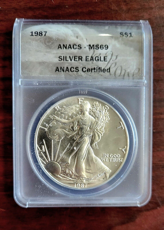 1987 $1 American Silver Eagle ANACS MS69 Silver Dollar .999 Fine Silver 1oz.