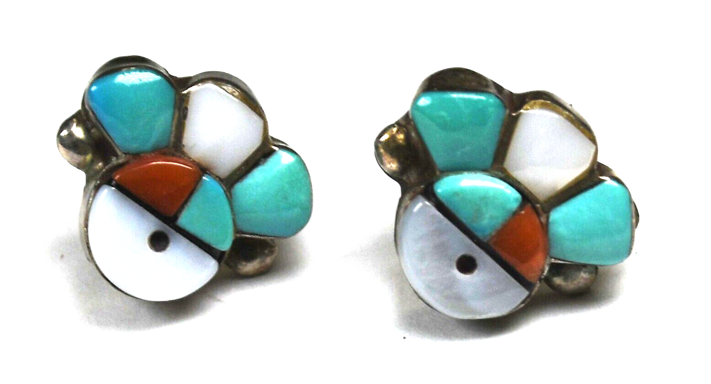 Sterling Silver Zuni Sun Face Turquoise MOP Coral Earrings 12mm x 11mm