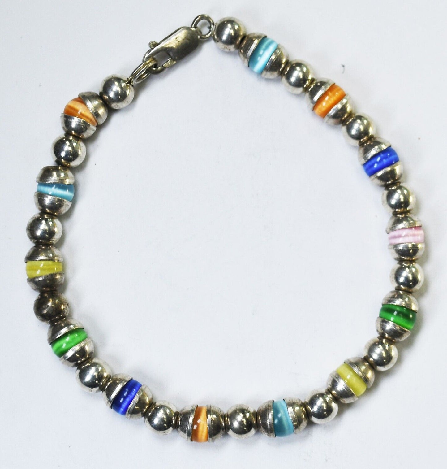 Sterling Silver Colorful Glass Linde Capped Bead Bracelet 6mm 7-3/4"