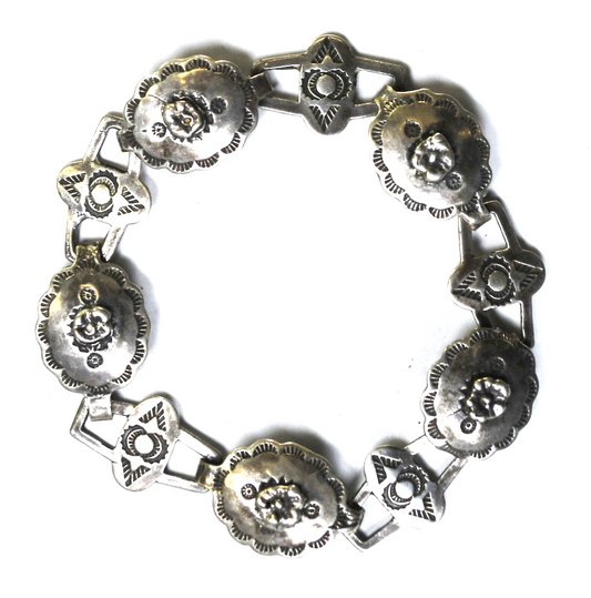 Sterling Antique Sand Cast Concho Etched Flower Bracelet 16mm 7-3/4"