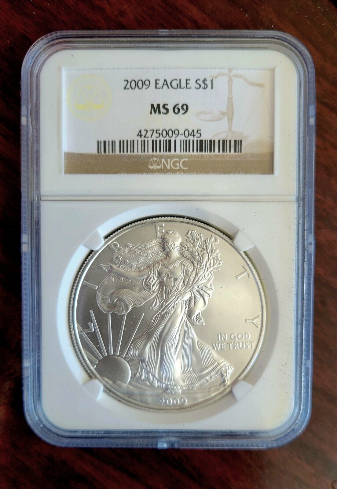 2009 $1 Silver Eagle NGC MS69 Dollar Brown Label Holder .999 Fine Silver 1oz.