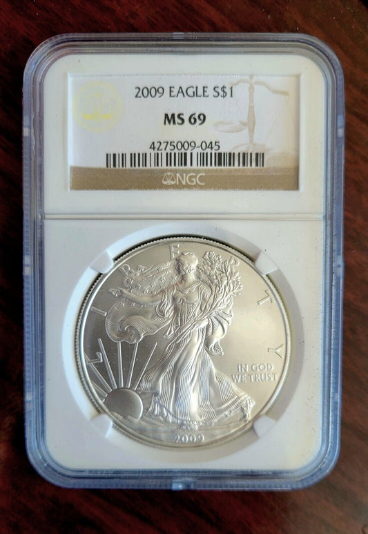 2009 $1 Silver Eagle NGC MS69 Dollar Brown Label Holder .999 Fine Silver 1oz.