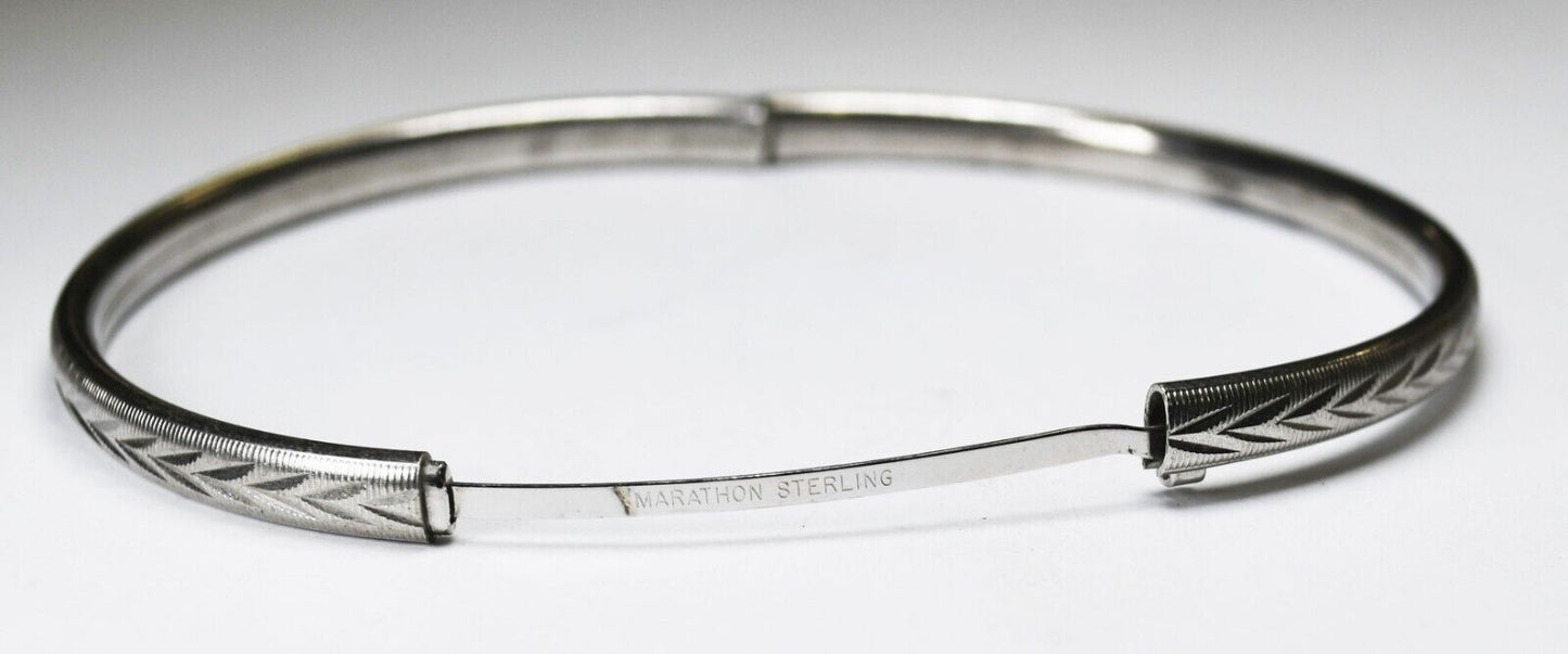 Sterling Marathon Etched V Round Hinged Small Bangle Bracelet 4mm 7" Wrist