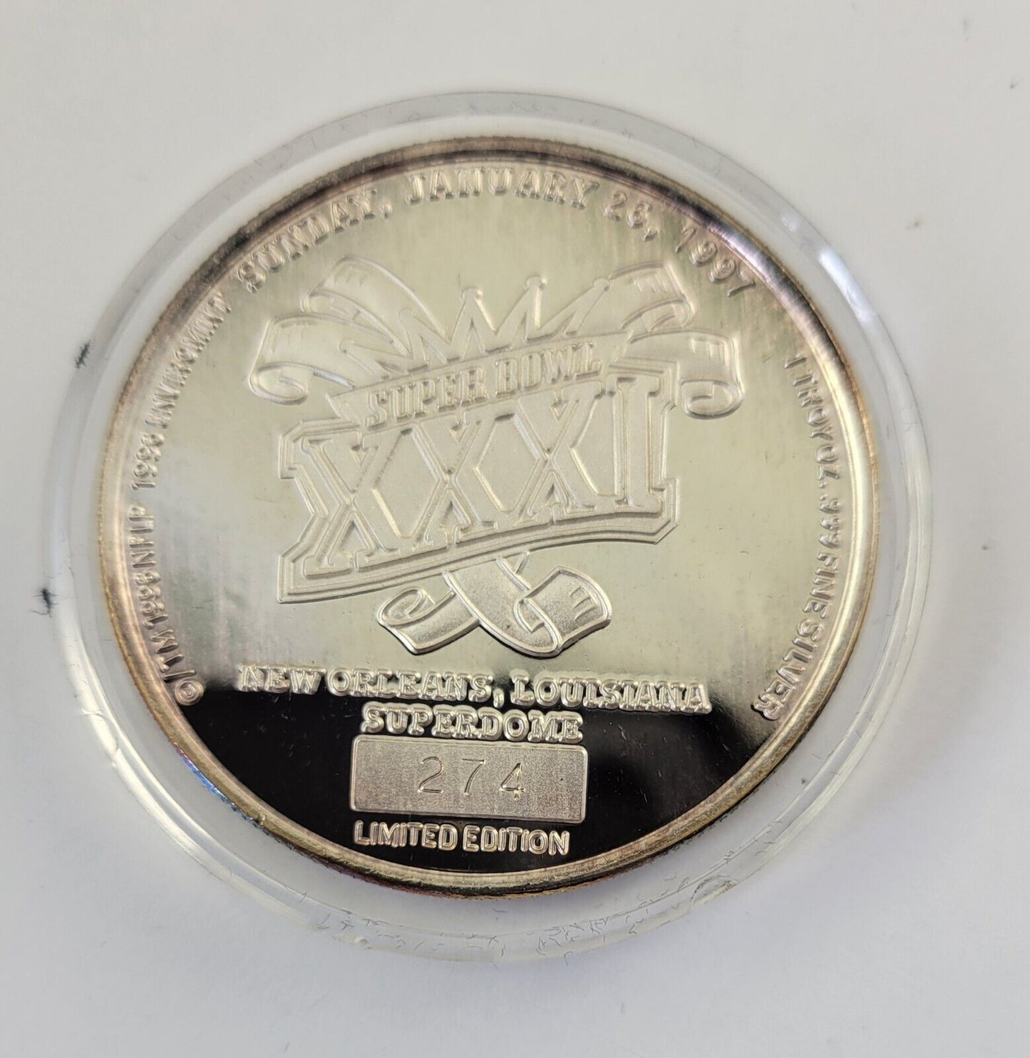 Superbowl XXXI Commemorative Coin .999 Fine Silver Packers Patriots Enviromint