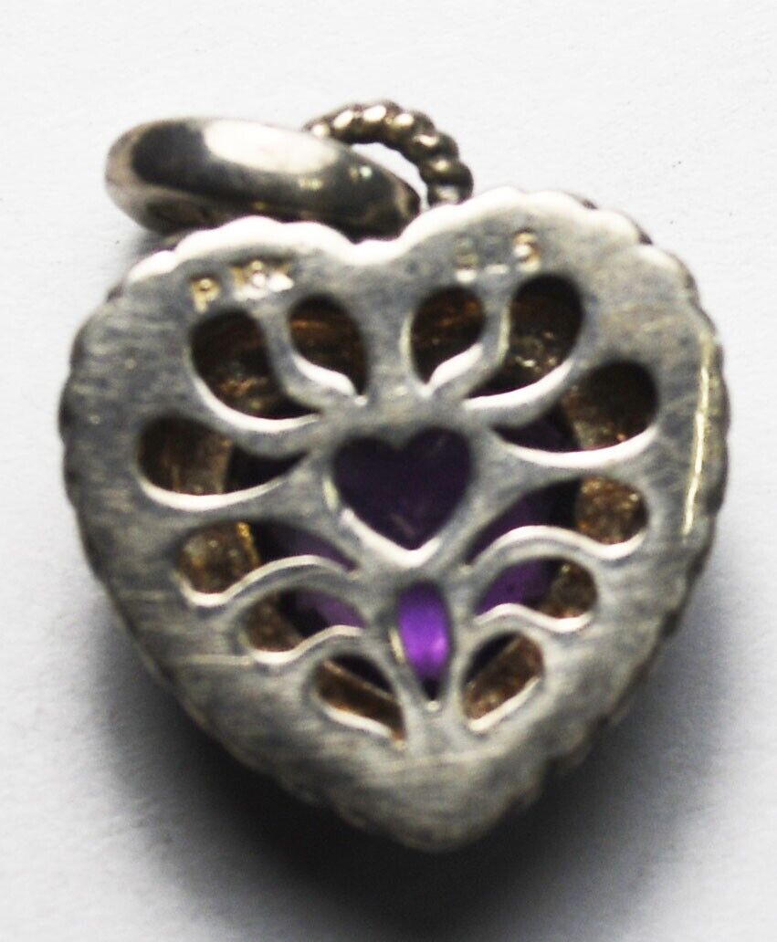 Sterling Silver Purple Amethyst Heart Two Tone Gold Pendant 16mm x 15mm