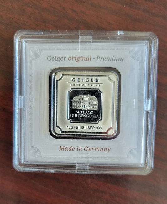 10 gram Silver Square Geiger Edelmetalle Encapsulated w/Assay Card Germany