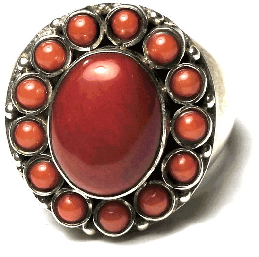 Sterling Silver Barse Red Coral Cluster Halo Oval Ring 23mm Size 10