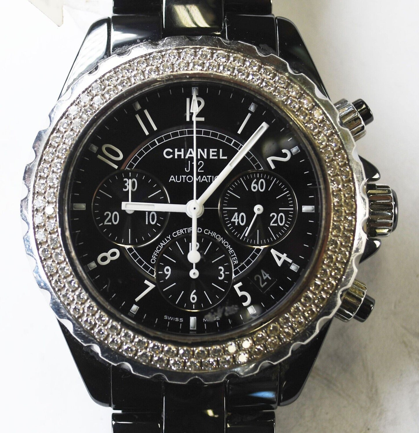 Chanel J12 Automatic Chronograph Black Ceramic Diamond Bezel Wristwatch 41mm