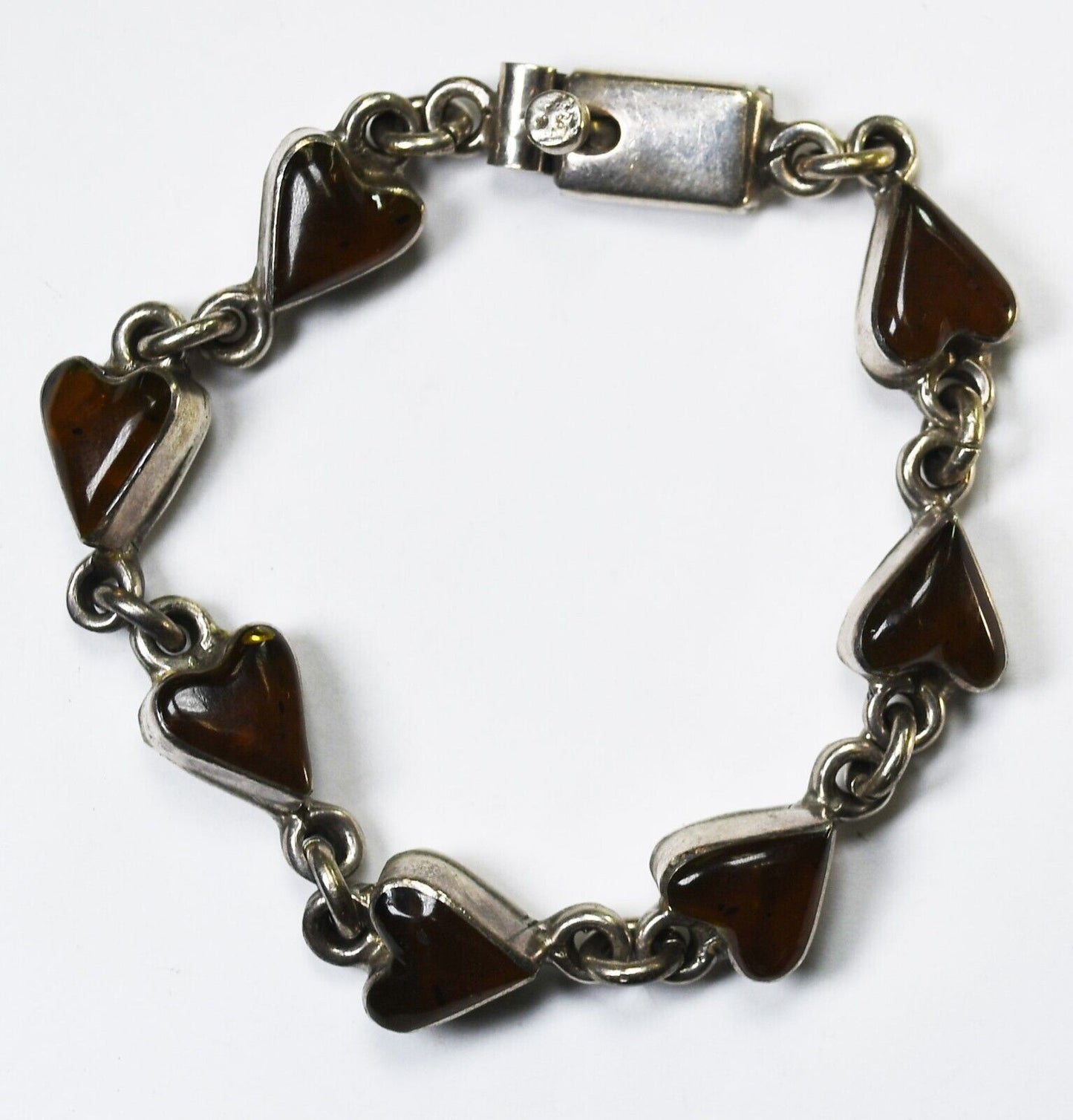 Sterling Silver Faux Amber Heart Link Bracelet 10mm 7"