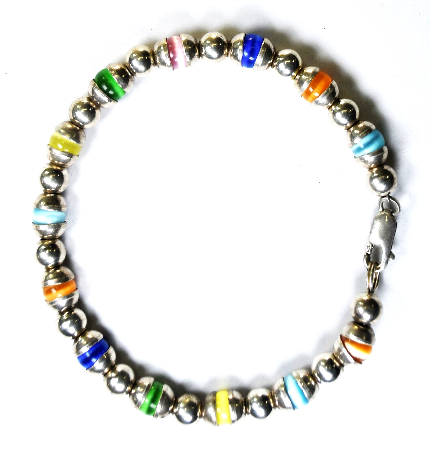 Sterling Silver Colorful Glass Linde Capped Bead Bracelet 6mm 7-3/4"