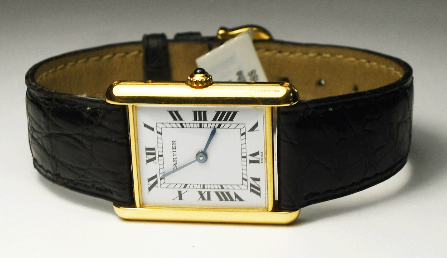 Women's Cartier 18k Gold Tank Quartz 24mm White Roman Rectangle Wristwatch