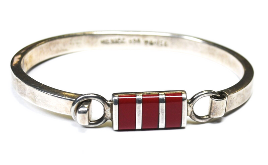 Sterling Mexico Red Jasper Stripe Inlay Hinged Bangle Bracelet 10mm 6-1/2" Wrist