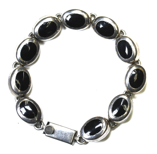 Sterling Silver Mexico Oval Black Onyx Chain Bracelet 12mm 7.75"